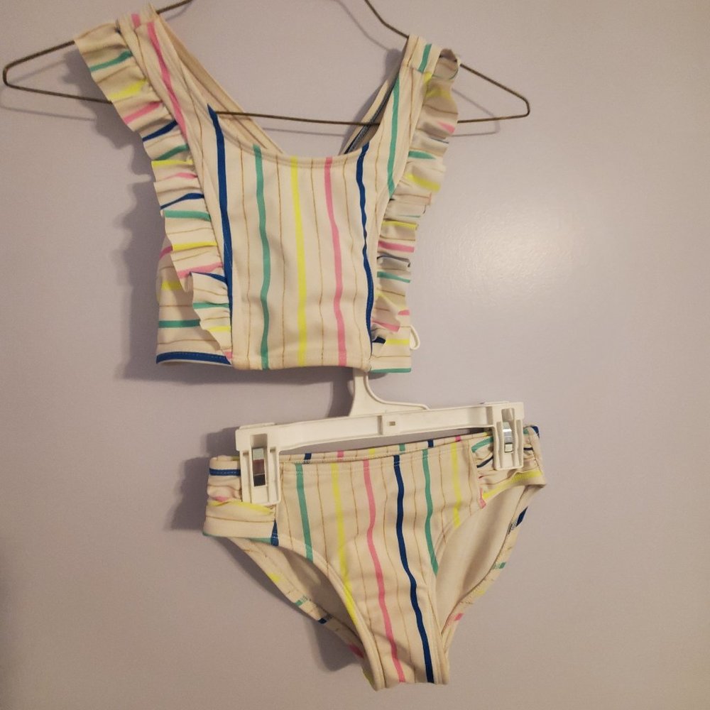 White Two Piece Swimsuit with Stripes & Ruffles Girls Size 7/8 (Medium)